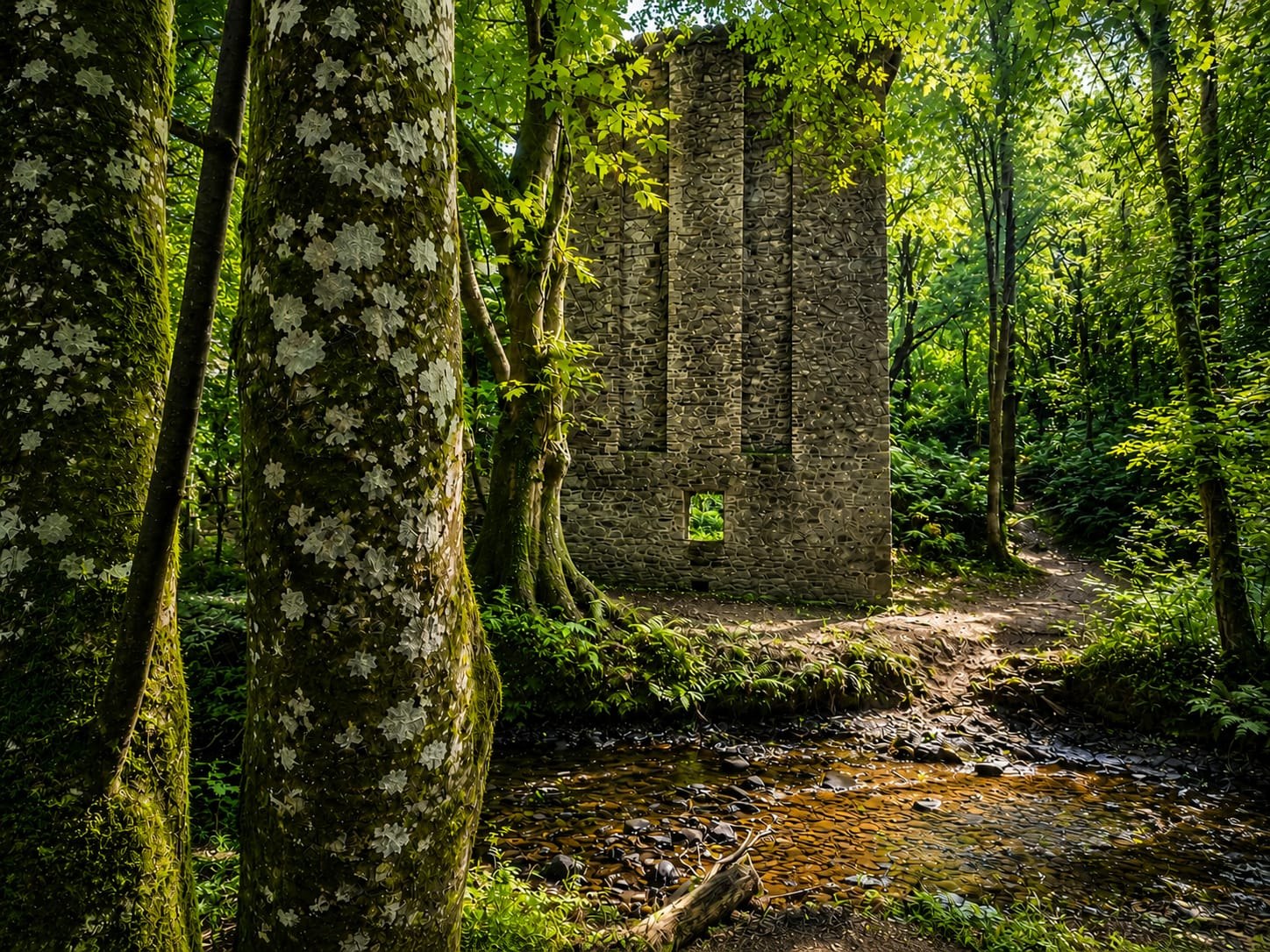 Old stone piers standing among mossy trees in an Irish wood